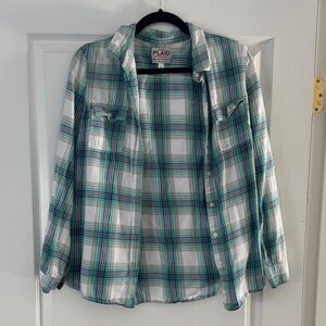 Old Navy Men's Plaid Shirt in Green and White